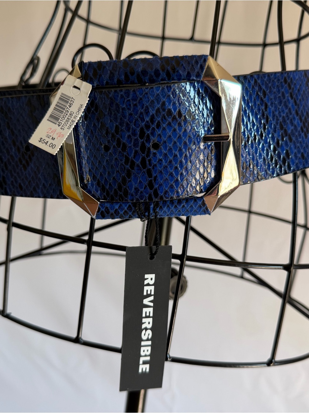 White House Black Market Blue Snake-Print Belt with Silver Buckle